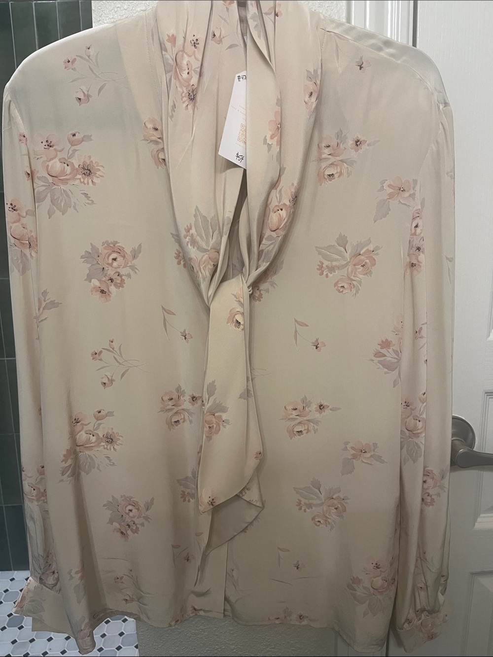 100 percent silk Vintage Liz Claiborne Tie-Neck Blouse in Soft Cream Blush Roses